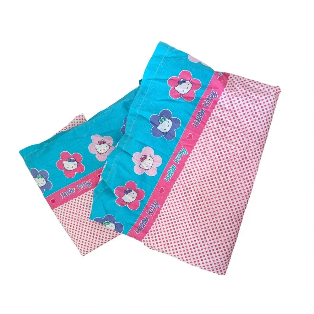 Vintage Sanrio Hello Kitty Pink Polka Dot Teal Flower Flat Sheets Pillowcase